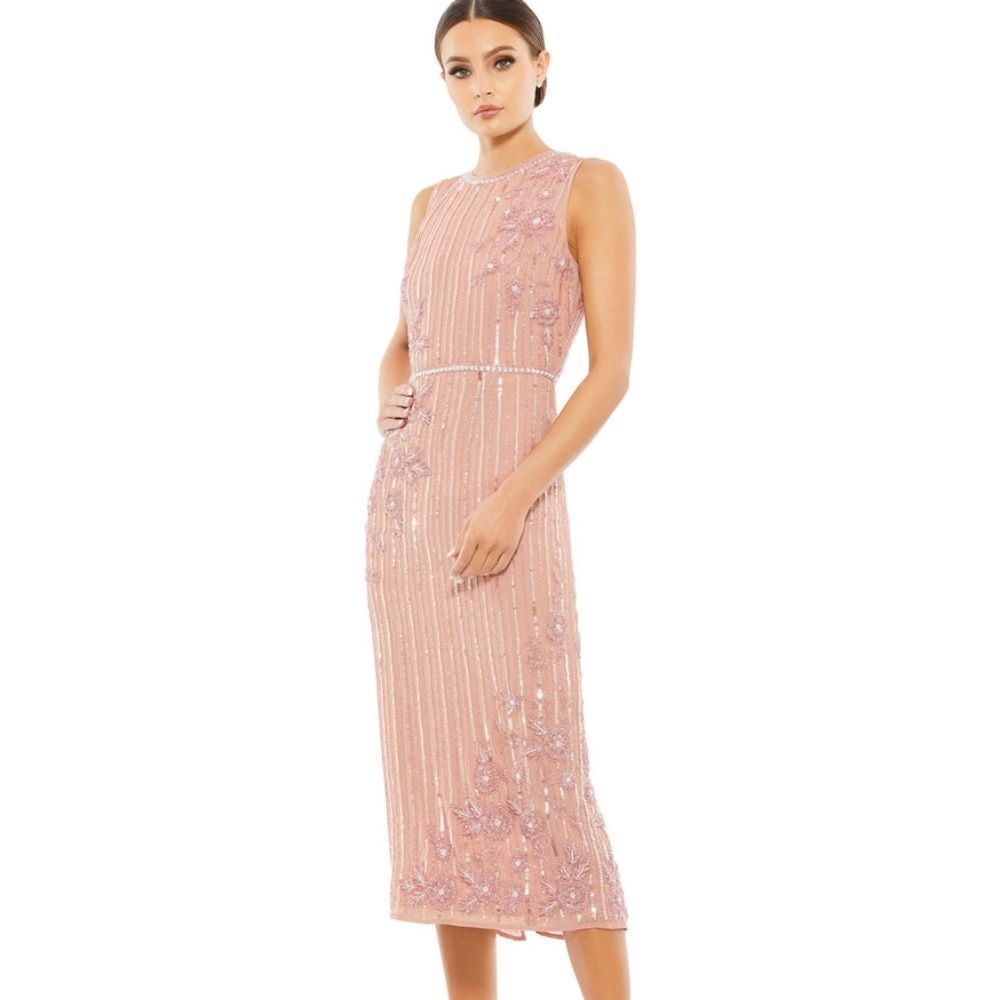 Mac Duggal STRIPED FLORAL EMBELLISHED SLEEVELESS MIDI DRESS